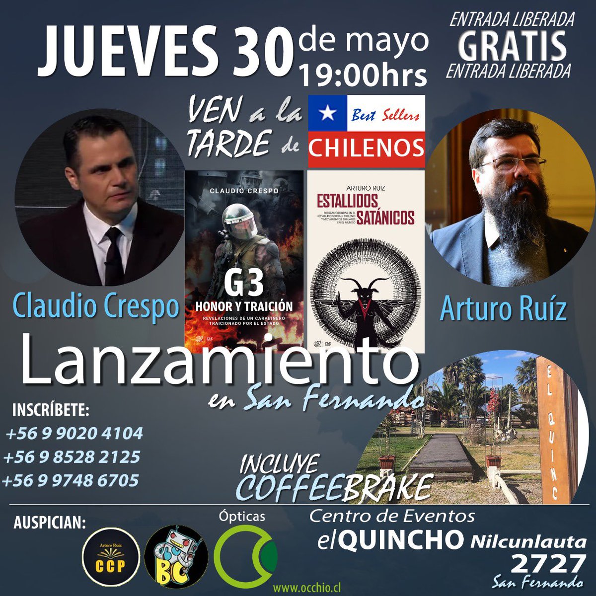 Este jueves 30 de mayo, lanzaré el libro #G3HonorYTraición en la ciudad de #SanFernando a las 19:00 horas junto a Arturo Ruiz. Entradas gratuitas. RT Los esperamos!!!