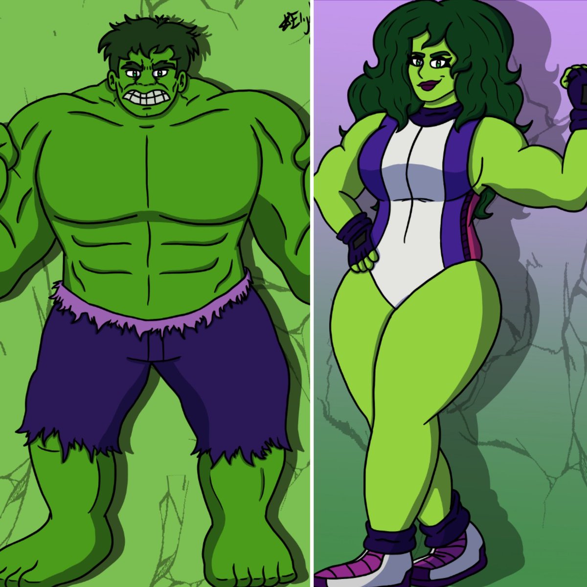 I like the idea of both Hulk and She-Hulk having different shades of green. I think it makes them both stand out from another, but I like to think it could also reflect on who has more control of themselves.