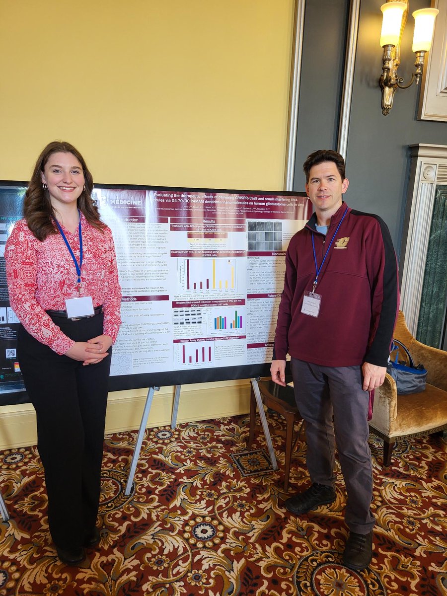 Claire Noe  presented her research at <a href="/SfnMichigan/">SFN Michigan Chapter</a>
"Evaluating The Therapeutic Effects Of Delivering Crispr/Cas9 And Small Interfering RNA Molecules Via G4-70/30 PAMAM Dendrimer Nanomolecules On Human Glioblastoma Cells ". Mentored by <a href="/j_rossignol/">Julien Rossignol</a>
 @CMU_Medicine <a href="/CmichOrgs/">CMICH ORGS</a>