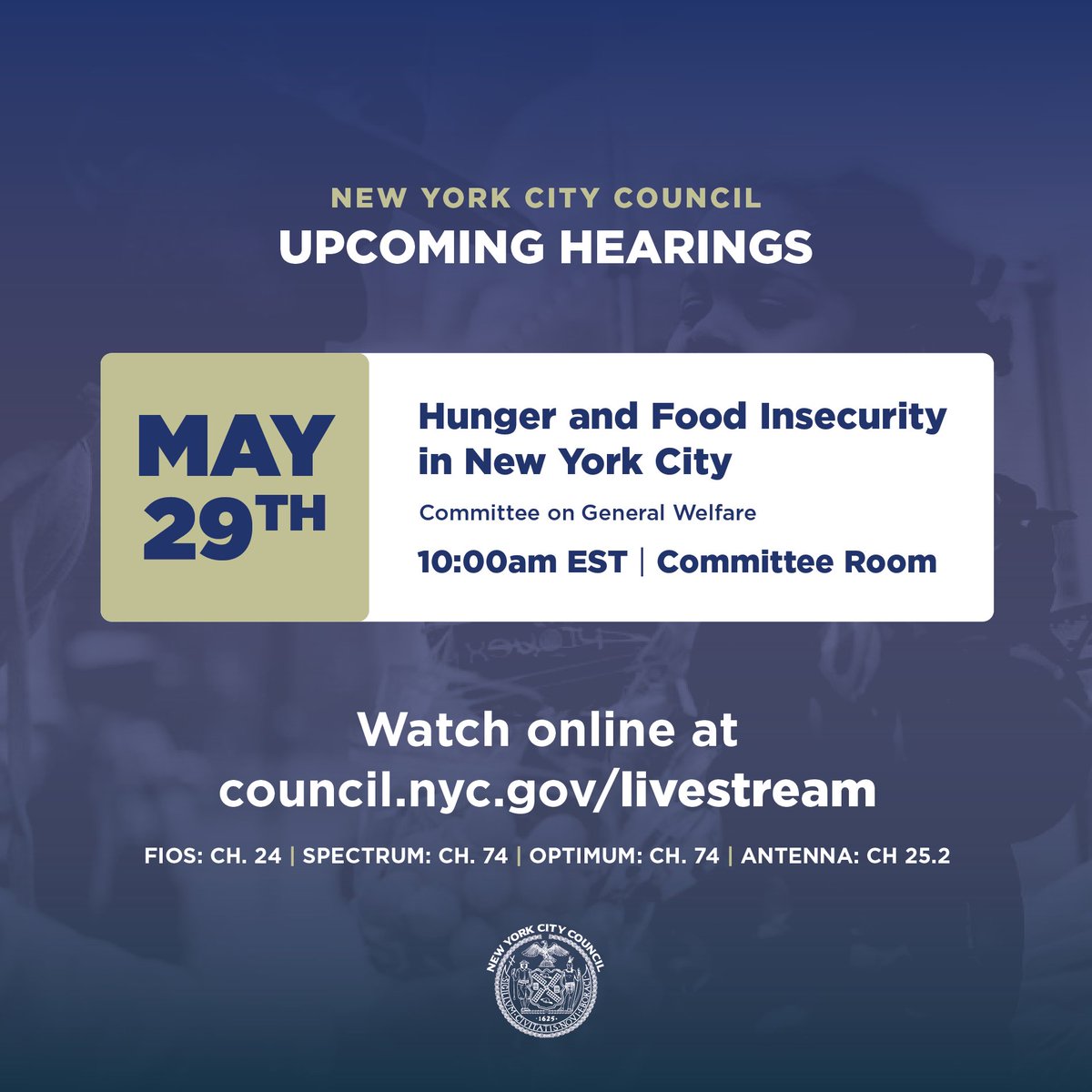 Happening tomorrow at 10AM:     

The Committee on General Welfare will hold an oversight hearing on hunger and food insecurity in New York City. 

📺 Watch live: council.nyc.gov/livestream
