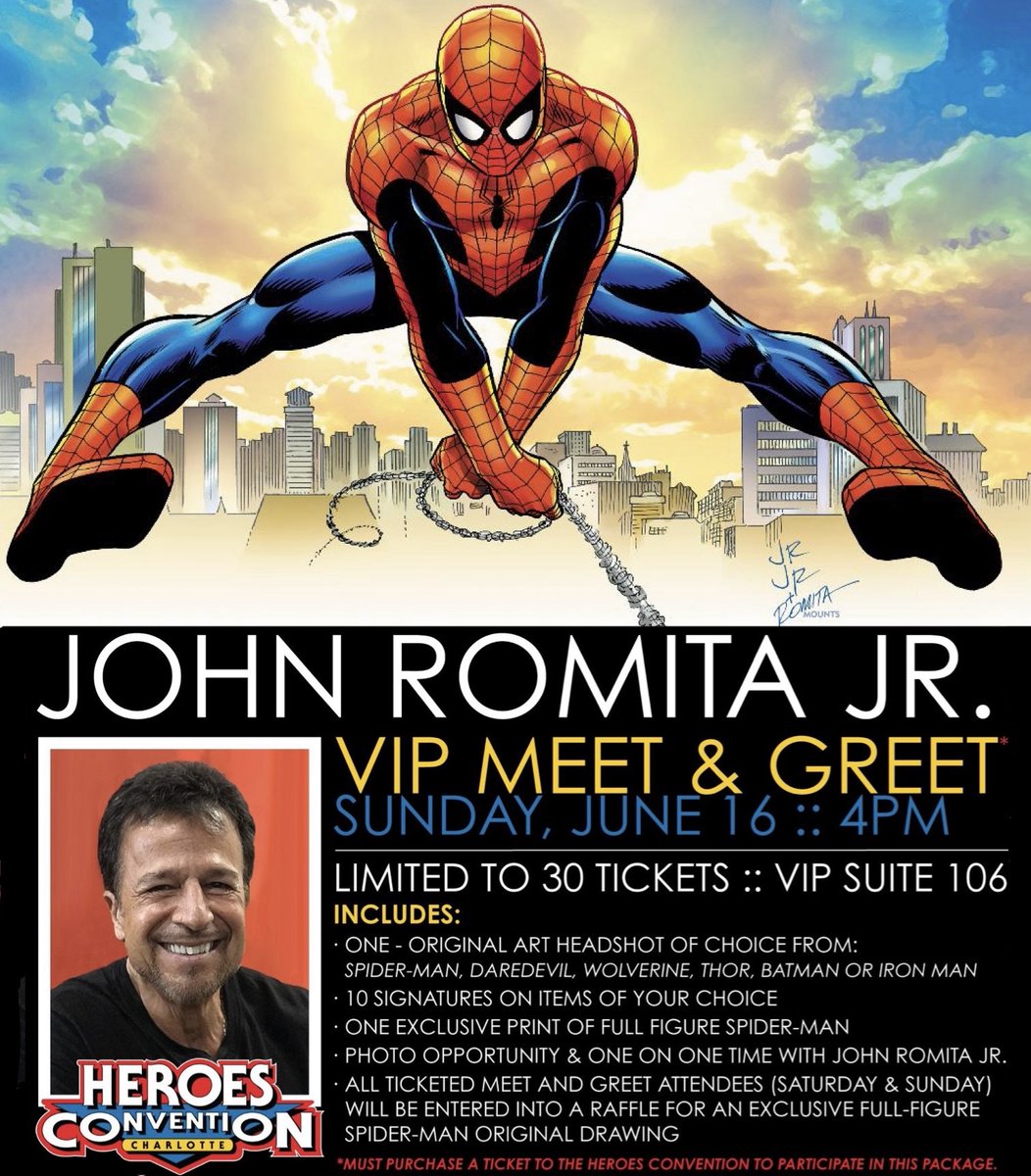 HEROESONLINE (@heroesonline) on Twitter photo JOHN ROMITA JR. VIP MEET & GREET TICKETS on sale NOW!!!
The one and only <a href="/JrRomita/">John Romita JR</a> will be holding 2 ticketed VIP Meet & Greets at the 2024 HeroesCon: Saturday, June 15, at 5pm & Sunday, June 16 at 4pm.
…roes-arent-hard-to-find.myshopify.com
#HeroesCon #HeroesCon2024 #JohnRomitaJr #JRJr JOHN ROMITA JR. VIP MEET & GREET TICKETS on sale NOW!!!
The one and only <a href="/JrRomita/">John Romita JR</a> will be holding 2 ticketed VIP Meet & Greets at the 2024 HeroesCon: Saturday, June 15, at 5pm & Sunday, June 16 at 4pm.
…roes-arent-hard-to-find.myshopify.com
#HeroesCon #HeroesCon2024 #JohnRomitaJr #JRJr