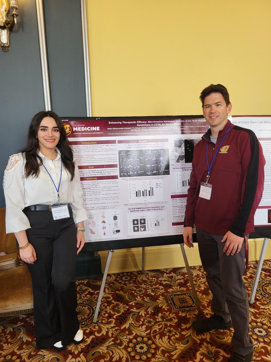 Nadia presented her research at <a href="/SfnMichigan/">SFN Michigan Chapter</a>
titled "Enhancing Therapeutic Efficacy: Non-Invasive Intranasal Delivery of G4 70/30 PAMAM Dendrimer in C57 Mouse Model". Mentored by <a href="/j_rossignol/">Julien Rossignol</a>   @CMU_Medicine  <a href="/SfNtweets/">Society for Neuroscience (SfN)</a> <a href="/CmichOrgs/">CMICH ORGS</a>