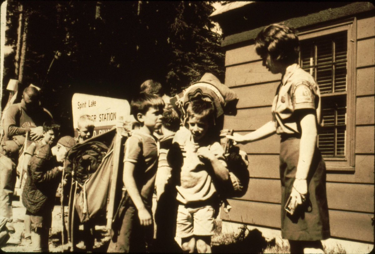 #TBT Young hikers at the Spirit Lake Ranger Station circa 1950.