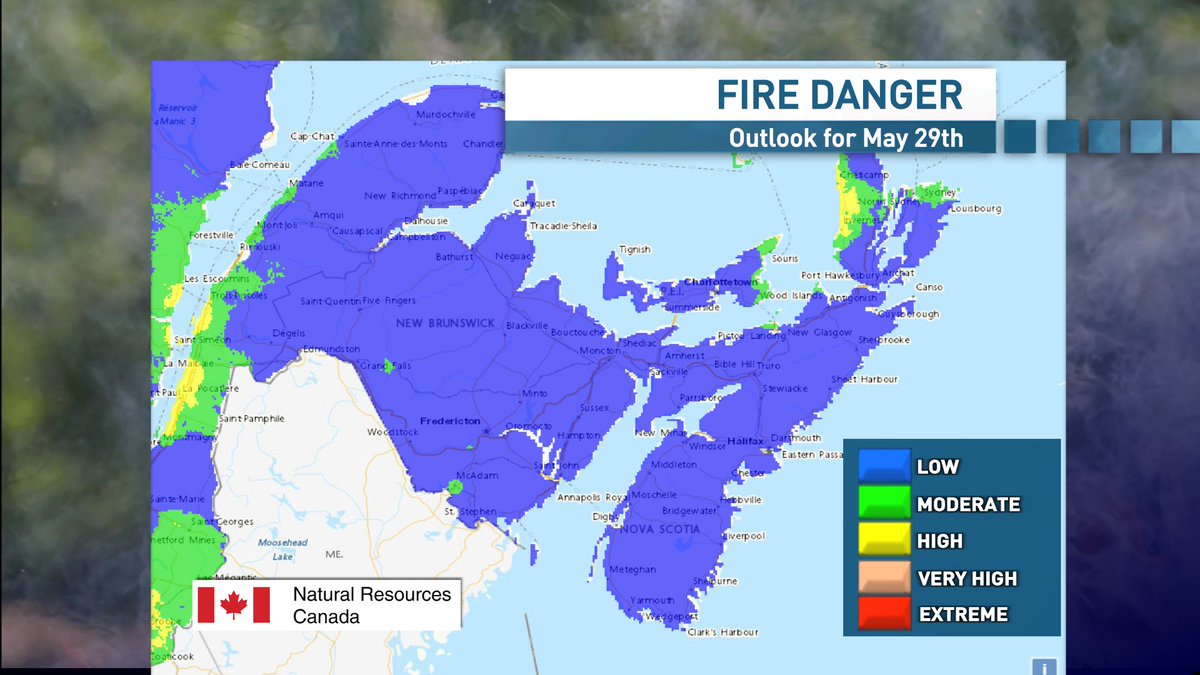 Following the much needed rain today, the Fire Danger Index is back to blue for most of the Maritimes.
#nsstorm #nbstorm