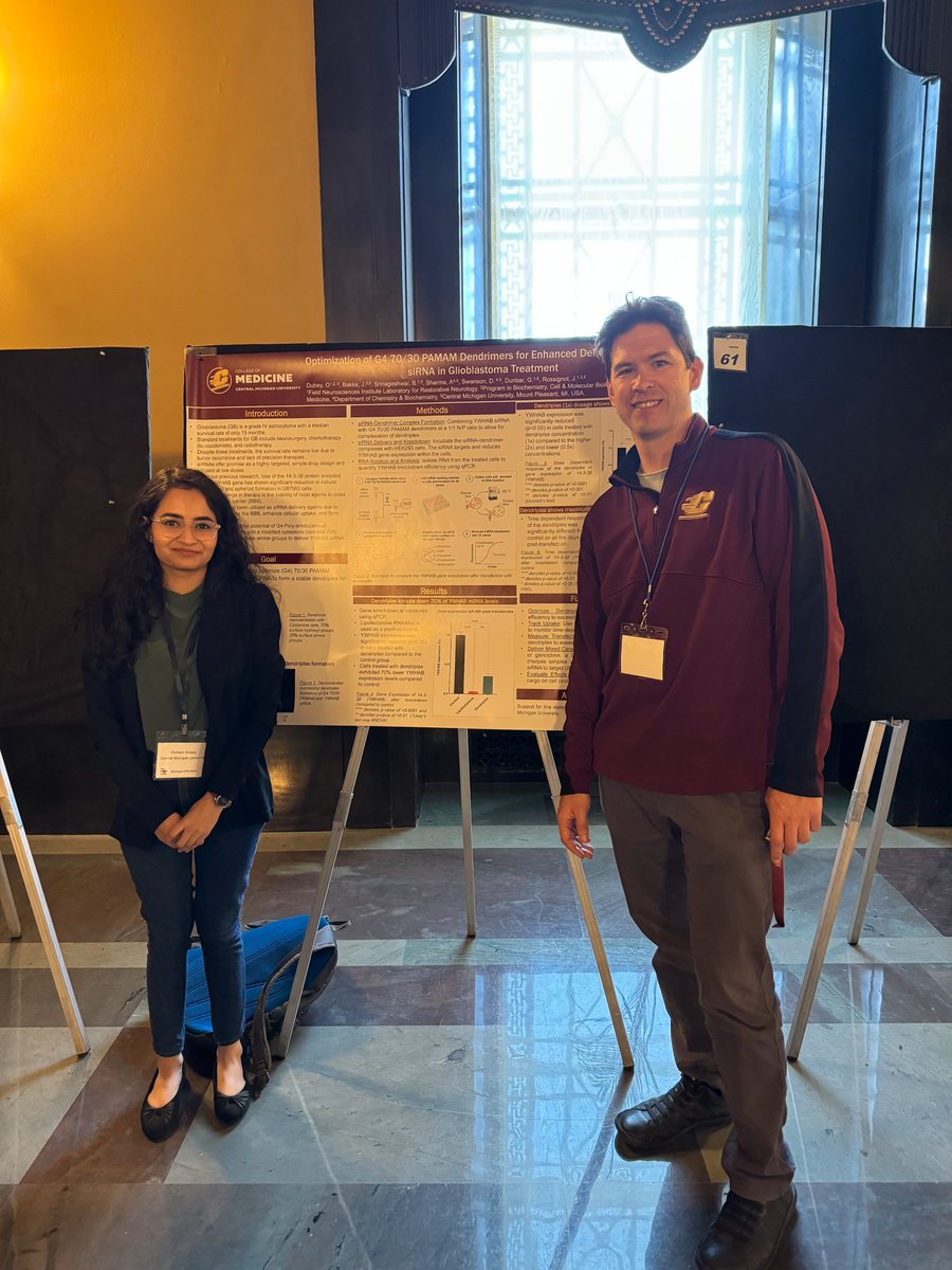 Osheen Dubey  presented her research at @SfnMichigan   titled 'Optimization Of G4 70/30 PAMAM Dendrimers For Enhanced Delivery Of YWHAB siRNA In Glioblastoma Treatment'. Mentored by 
Dr Jesse Bakke and @j_rossignol  @CMU_Medicine
 @SfNtweets @CmichOrgs