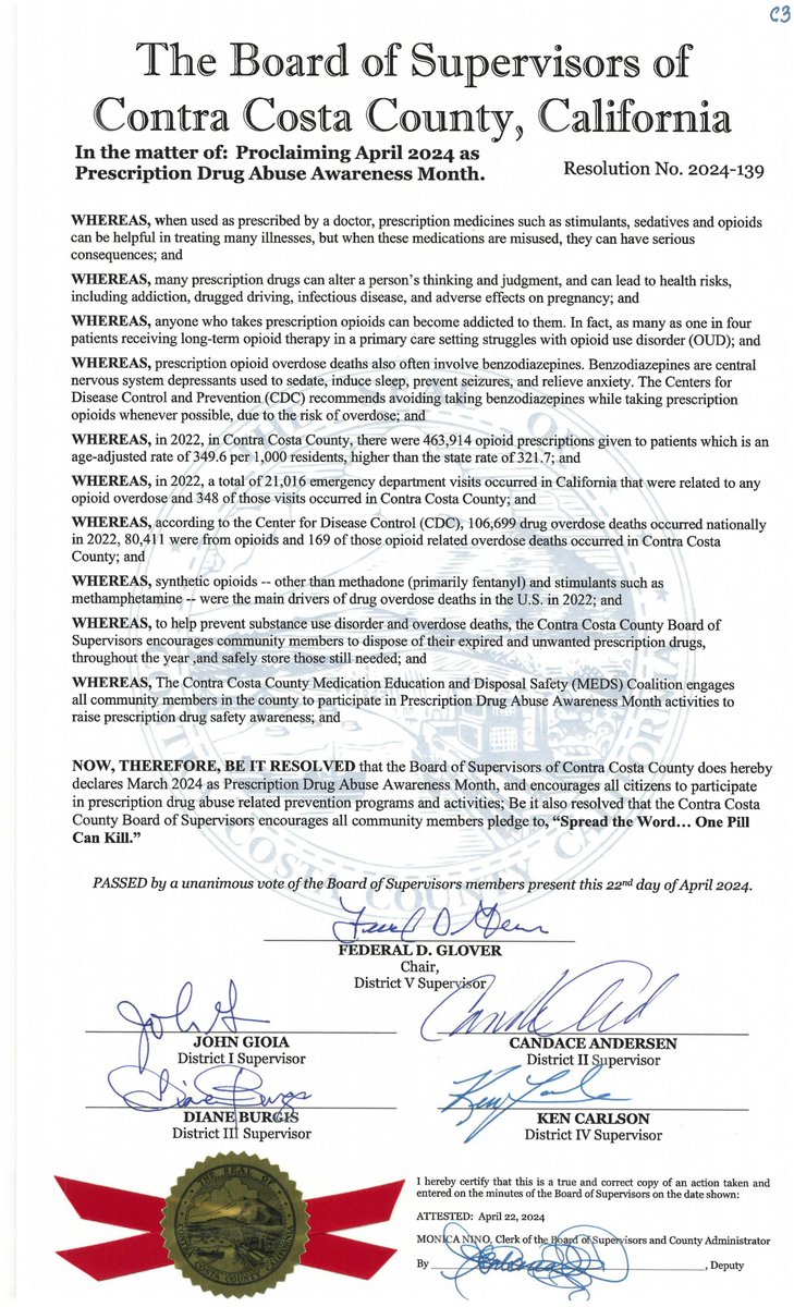 The Contra Costa County MEDS Coalition extends its gratitude to the Contra Costa Board of Supervisors for designating March and April as Prescription Drug Abuse Awareness Months. #CommunityPartnerships #Gratitude