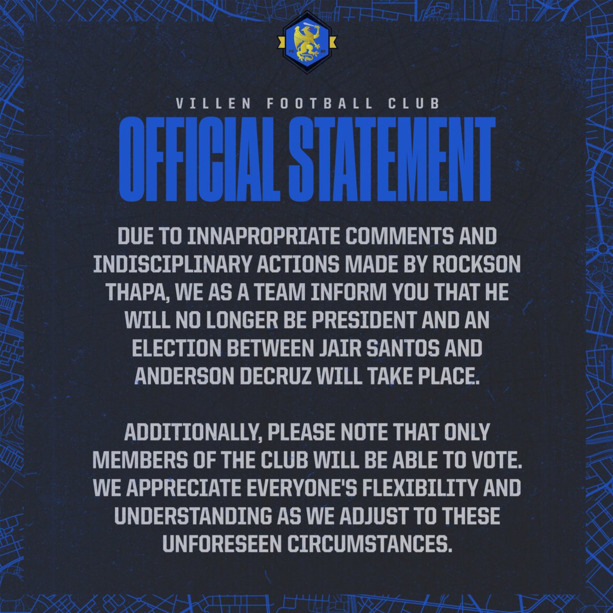 VillenFC_'s tweet photo. Official Statement: Rockson Thapa
- Jaxon, Jair, Ale, Sam, Marcos, Anderson, Este, Salman https://t.co/Ym2ulNXmoP