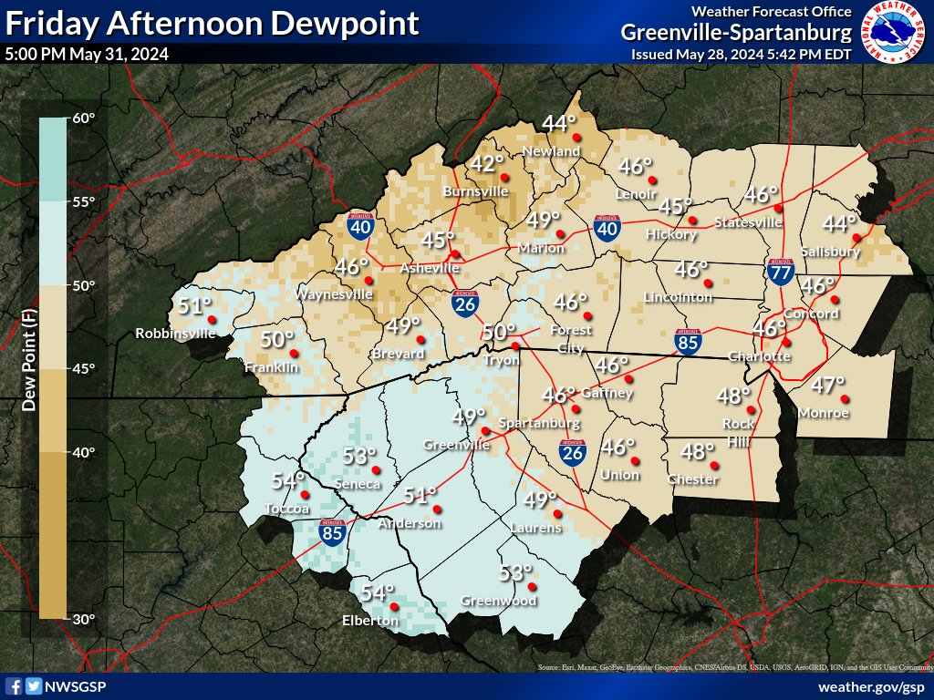 Dewpoint temperatures are a measure of the amount of moisture in the air. Values in the 40s and 50s mean the humidity will be low and comfortable, despite the warm air temperatures. Very unsummerlike! Enjoy if you're able! #ncwx #scwx #gawx