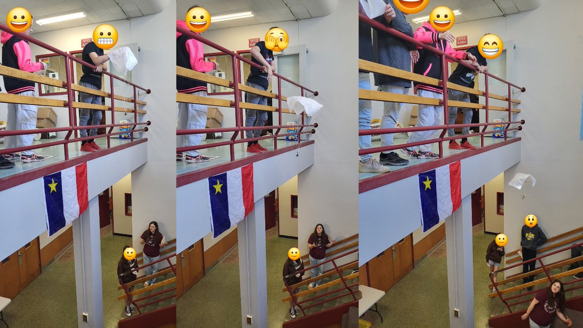 Last week, Ms. Bartlett's class was testing their parachute designs. This design gently delivered their passenger to the bottom floor.