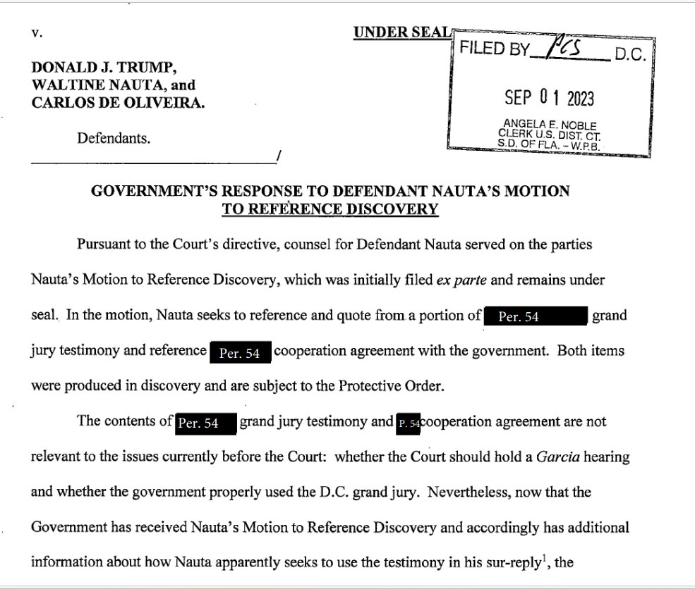Just unsealed filing in classified docs case appears to confirm someone in Trump world (perhaps an attorney) agreed to become a cooperating witness for the government. Keep in mind DOJ tried every trick in the book to try to get Nauta to flip, too.