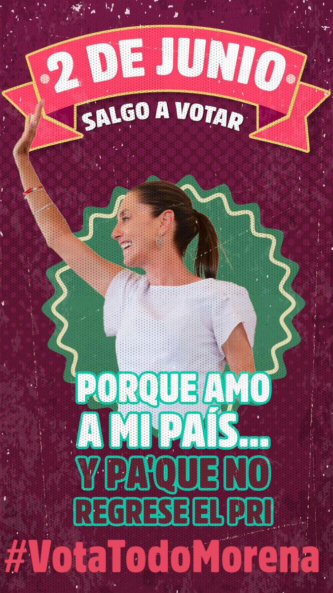 Este 2 de Junio, salgamos a votar y apoyemos a las y los candidatos de MORENA, para que continúe el proceso de la cuarta transformación de nuestro país, y para que no regresen los PRIANosaurios a desfalcar México.

#MéxicoConClaudia
#VotaTodoMorena
