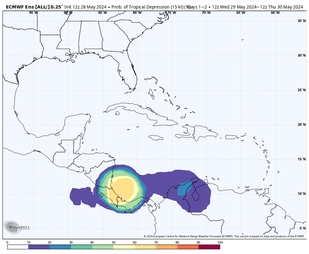 TROPICAL UPDATE: Impressive flare-up of storms in the southern Caribbean this afternoon. Handful of European ensembles give it a little bit of life, but wild card is how long it spends over water vs land. Regardless, will bring heavy rain and flooding to Central America the next