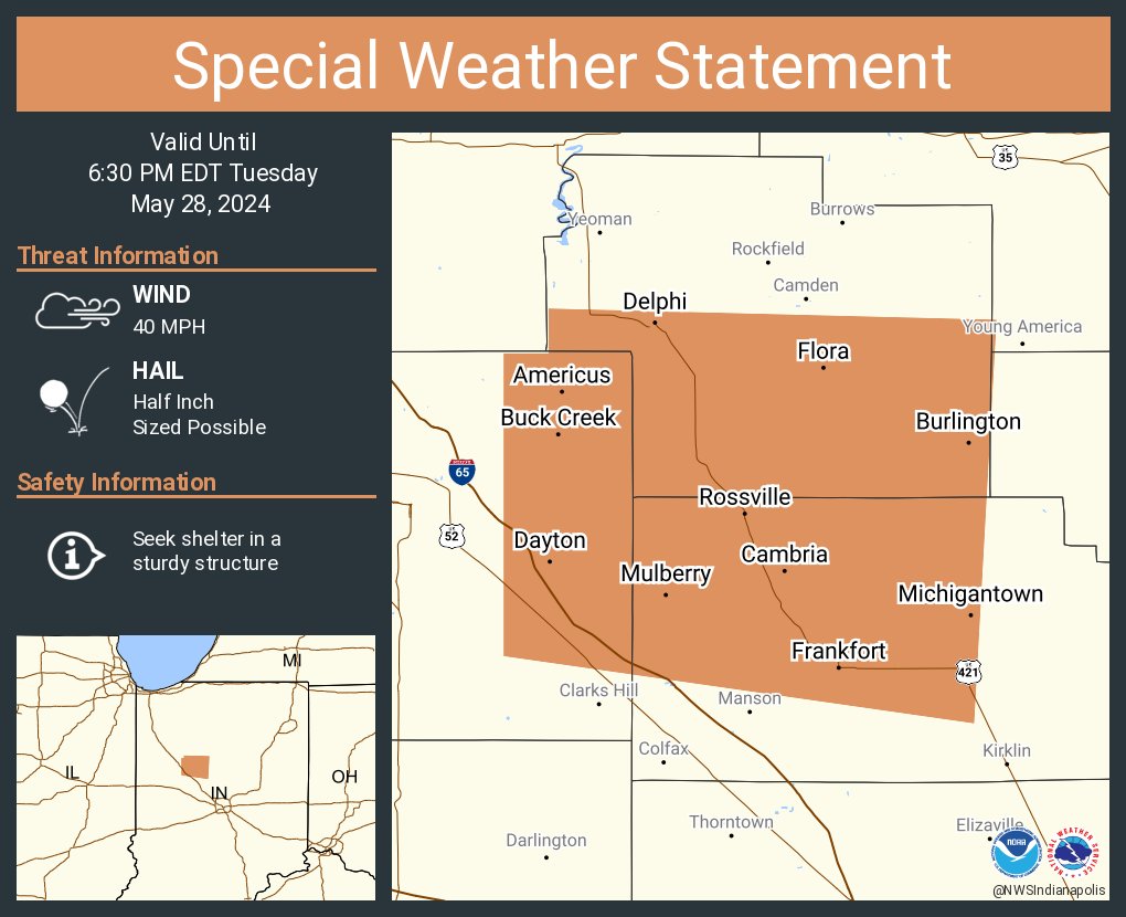 A special weather statement has been issued for Frankfort IN, Delphi IN and Flora IN until 6:30 PM EDT