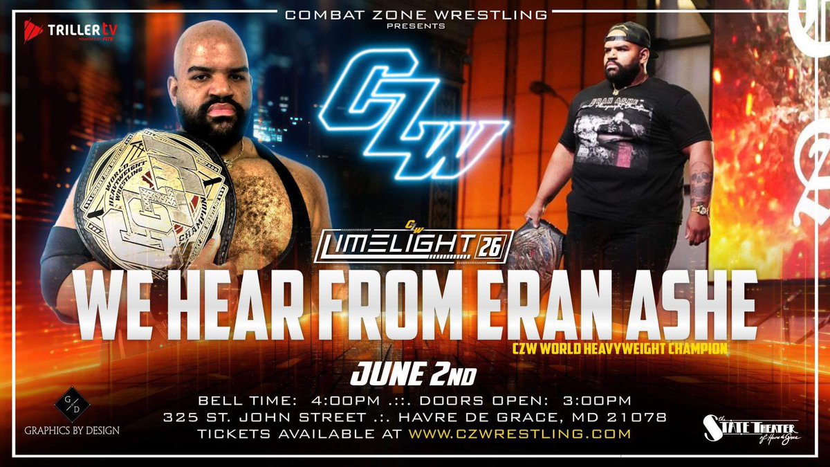 *Limelight 26 Update* We hear from CZW World Heavyweight Champion Eran Ashe! Plus White vs O’Shay Bush Quay 2024 vs Lost Boys Eran Ashe Milk Chocolate Griffin McCoy Myles Hawkins Post Game Desean Pratt +more 🎫: showpass.com/czw-limelight-… Sunday, June 2 325 St. John St, Havre de