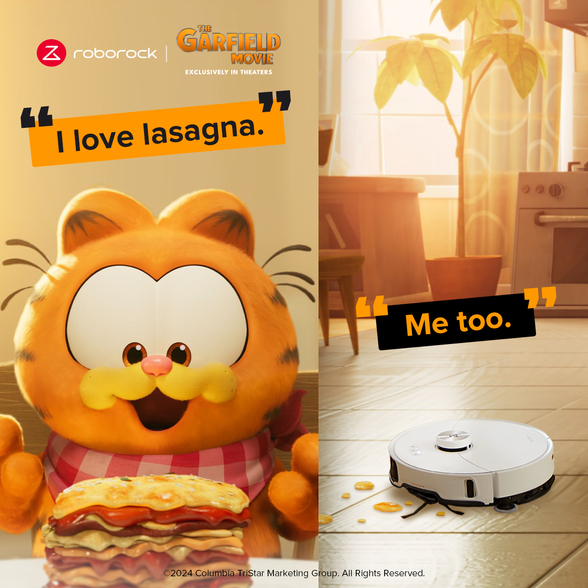 It's no secret that Garfield adores lasagna, and it seems Roborock has a taste for it too. 😺🍝 Dive into The Garfield Movie at a theater near you!🎬 #Garfield #TheGarfield #RoborockXGarfield #GarfieldMovie #RobotVacuum #Foodie #Lasagna #Companion