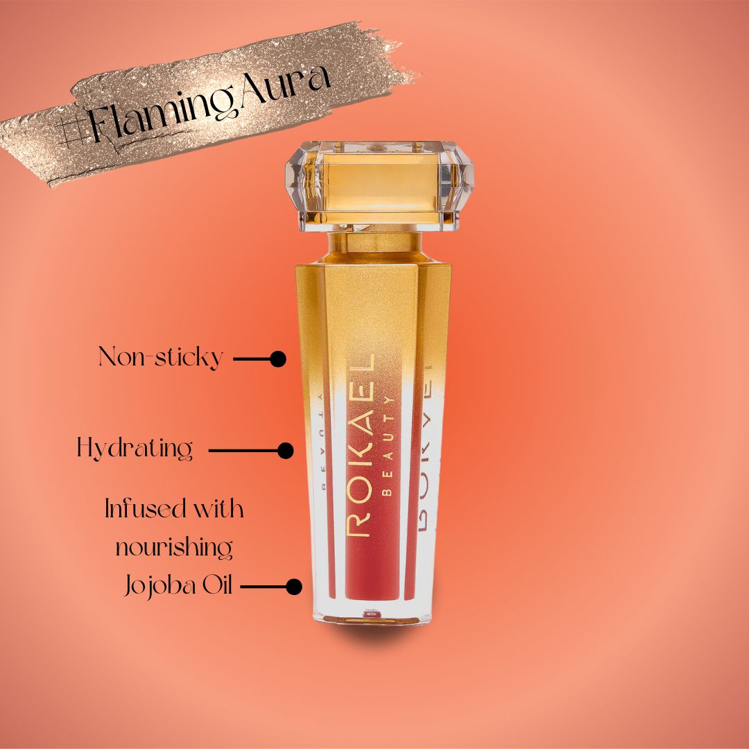 Experience a burst of hydration and a pop of juicy color with our Rebirth  Tinted Whipped Lip Oil in the shade Flaming Aura. 💋✨ 

✨ rokaelbeauty.com ✨
.
.
.
#makeup #glam #lips #rokaelbeautymakeup #luxurymakeup #lipshades #neutrals #neutralshades