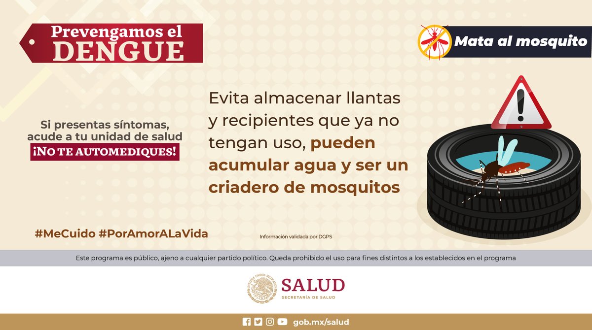 Protégete del #Dengue 🦟

El dengue es una enfermedad prevenible, la mayoría de los factores que facilitan su propagación son controlables mediante prácticas de prevención individual y comunitaria #PorLaSaludDeTodasYTodos

Conoce más en ➡ bit.ly/3JQORy8

#MeCuido