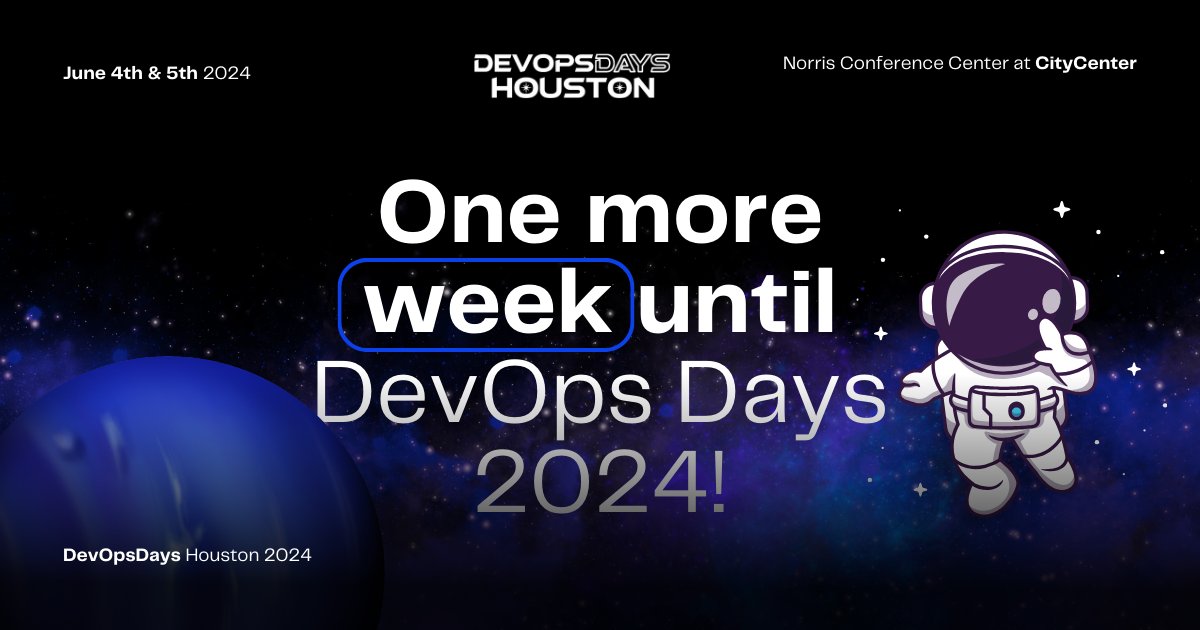 DevOpsDaysHTown's tweet image. We are just one week away from this highly anticipated event! Join us at DevOps Days, where you&apos;ll enjoy top-quality speakers, exceptional networking opportunities, recruitment, and much more. There&apos;s still time to reserve your spot—get your tickets here:tickets.devopsdays.org/devopsdays-hou…?
