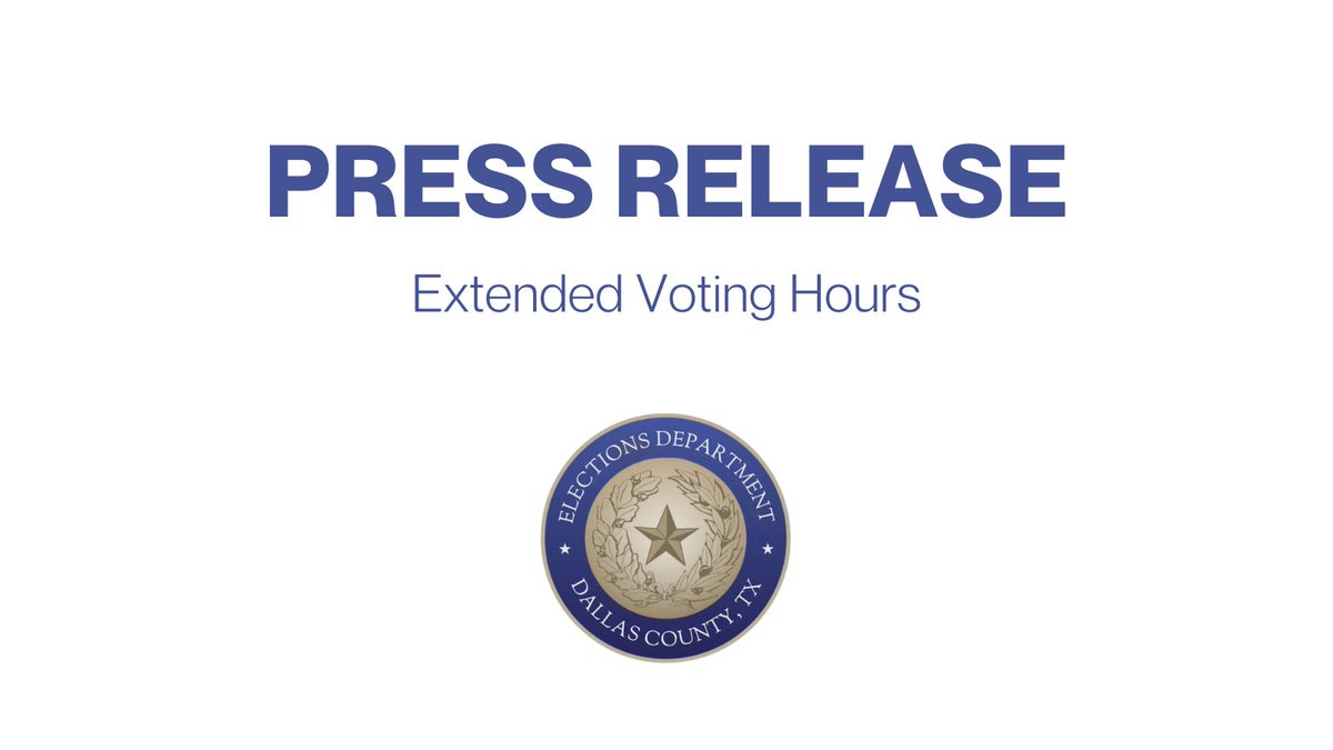 FOR IMMEDIATE RELEASE May 28, 2024 The Dallas County Elections Department announces that voting hours at all Dallas County Voting Centers have been extended until 9pm.... #DallasCountyVotes Full Press Release: mailchi.mp/dallascounty.o…