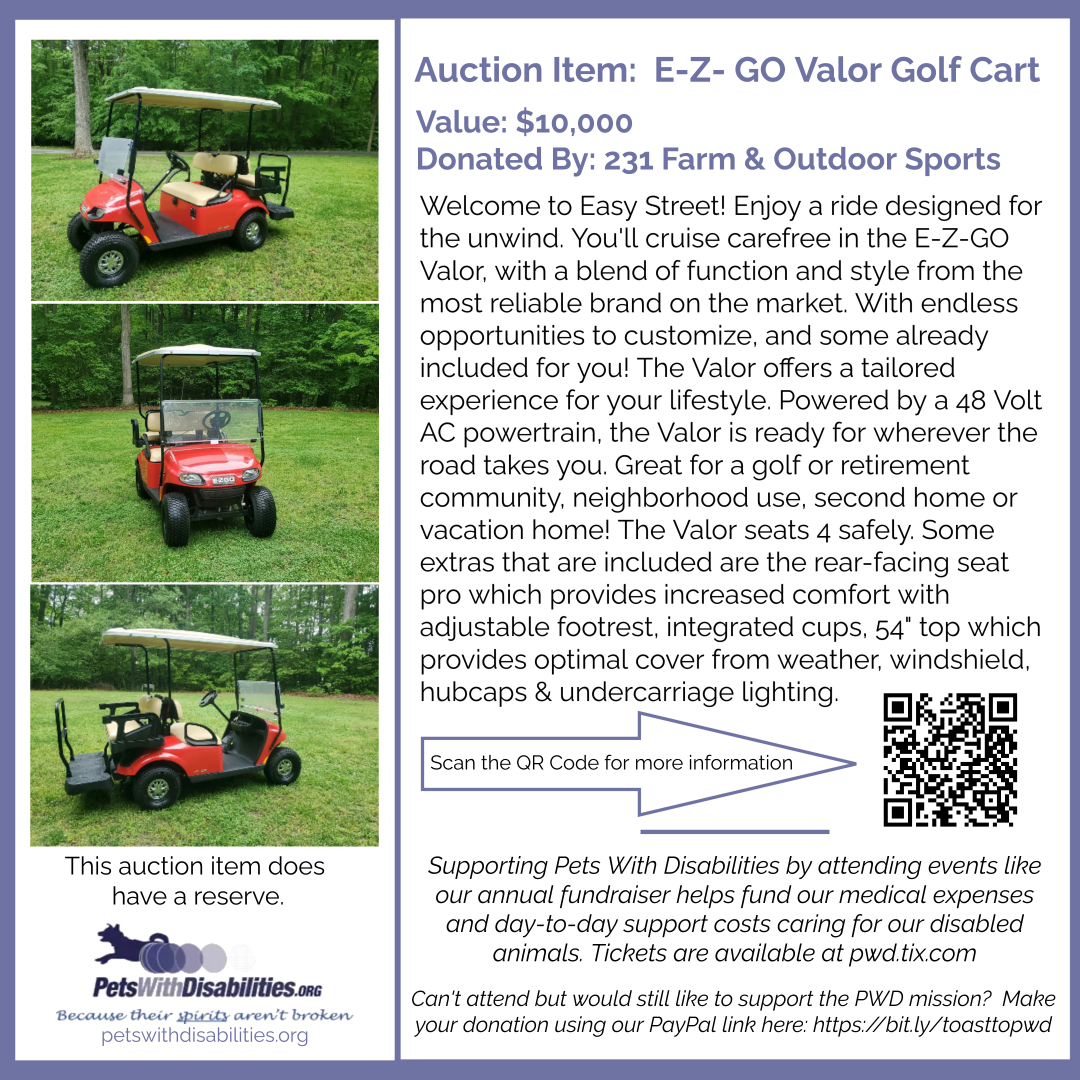 disabledpets's tweet photo. This is your chance to get a great deal on a new golf cart AND support Pets With Disabilities!
This time the auction item is a EZ-Go Valor Golf Cart! The Valor seats 4 safely. #petswithdisabilities #disabledpets #pwdauctions #231farmandoutdoorsports #golfcart https://t.co/jAPRQrUKVt