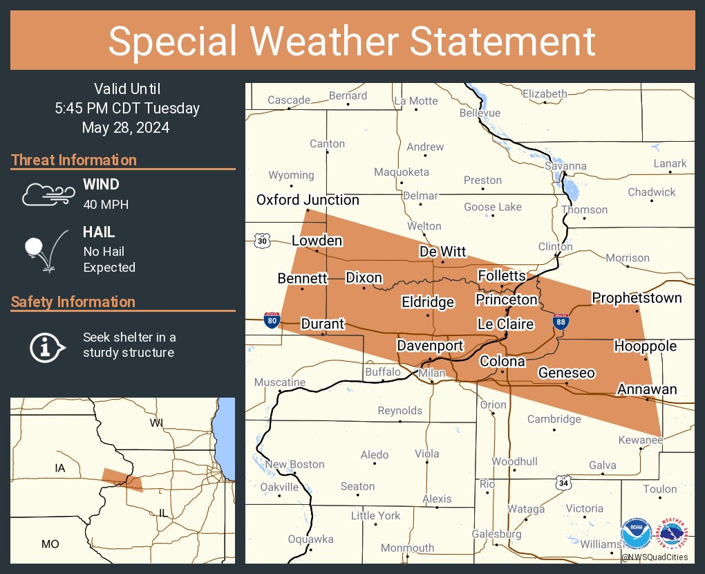 A special weather statement has been issued for Davenport IA, Moline IL and Rock Island IL until 5:45 PM CDT