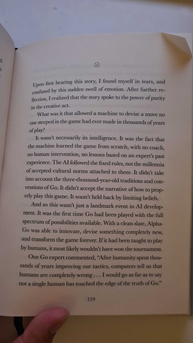 A few days ago I reached this page in @RickRubin's 'The Creative Act'.

Whenever I hear great AI music, I think of it.

Rubin talks about AlphaGo and concludes:
After studying Go for thousands of years, humans never *really* learned how to play the game. 

And so I wonder: What