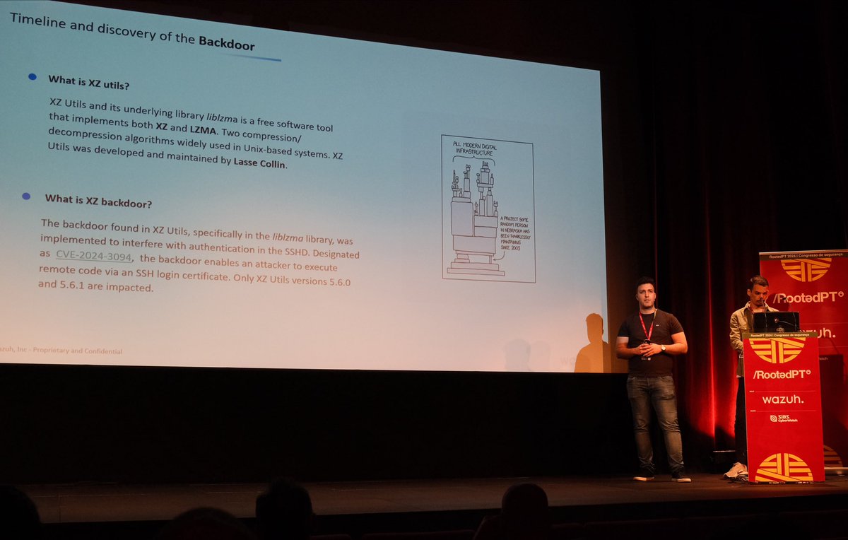 ElwaliKarkoub's tweet photo. A pleasure participating in RootedCon portugal 🇵🇹 and showcasing how to detect an exploit of XZ vulnerability with Wazuh alongside my colleague @casares_robles
Outstanding & well organized event from all the stuff.
#rootedcon #rootedconPT #wazuh #XZ #cybersecurity https://t.co/pqUmG0b5CD