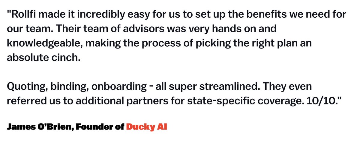 The best part? Our benefits offering is platform-agnostic. 

Whether you use <a href="/Justworks/">Justworks</a>, <a href="/Gusto/">Matt Gustafson</a>, <a href="/Rippling/">Rippling</a> or any other provider, we'll be your trusted guide to the perfect insurance setup tailored to your team and budget.

Founders like <a href="/andrew__rea/">Andrew Rea</a> (@taxwire_) and <a href="/Jnpobrien/">James O’Brien</a>