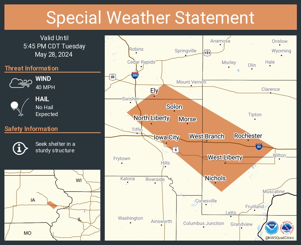 A special weather statement has been issued for Iowa City IA, North Liberty IA and West Liberty IA until 5:45 PM CDT