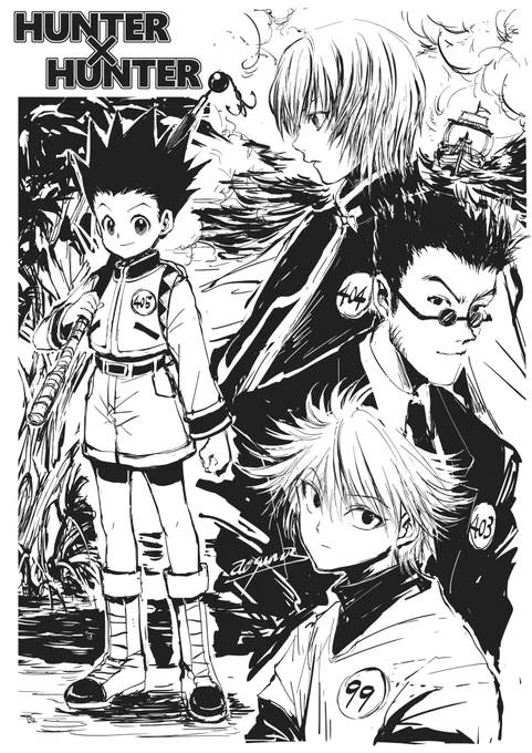 HUNTER×HUNTERを1巻から読み始めた記念(?)に描いてみた!楽しかったー!😆🙌
まだ1冊しか読めてないけれど面白かったから続きも隙間時間を見つけて読んでいく😌✨

読み進める過程で何か描こう
絵のリクエストを受けるのはとても苦手だから自分の好きなキャラを好きなように自由気ままに描く～! 