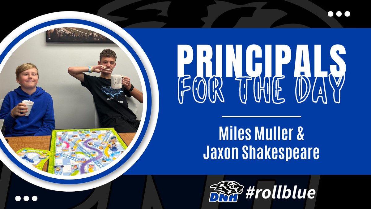 🥳 Miles Muller and Jaxon Shakespeare earned 100 PRIDE points to be Principals for the Day. Congratulations to these two! #rollblue #GrowingTogether