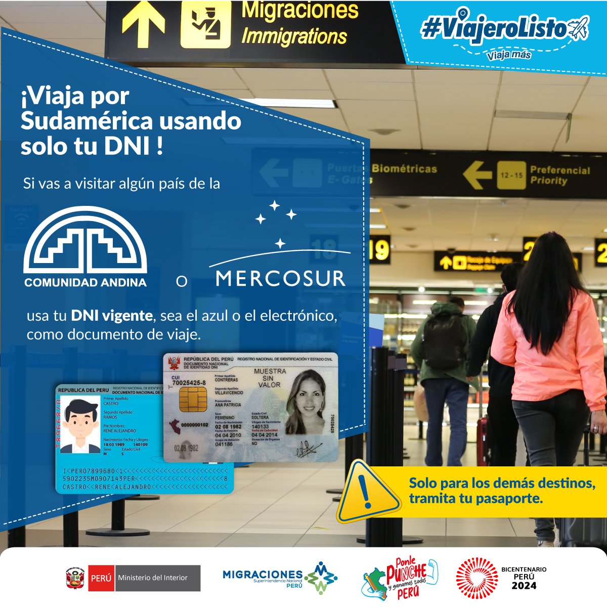 ¡Sé un #ViajeroListo! ✈️ ¡Viaja por Sudamérica con tu DNI! Argentina 🇦🇷, Bolivia 🇧🇴, Brasil 🇧🇷, Colombia 🇨🇴, Chile 🇨🇱, Ecuador 🇪🇨, Paraguay 🇵🇾 y Uruguay 🇺🇾 ¡Te esperan! ¡No necesitas pasaporte! 🙌 Más información ➡️ gob.pe/es/p/158 #MigracionesPerú