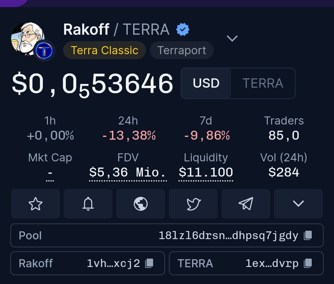 🚨 $RAKOFF LIQUIDITY EVENT 🚀 BIG THANK YOU TO @_Terraport_ COMMUNITY INDIVIDUALS WHO VOLUNTEERED TO PROVIDE $TERRA TO BE POOLED WITH RAKOFF More Liquidity to be deployed in future 😉 This will hopefully add more arbitrage opportunities & volume 🚀 coinhall.org/terraclassic/t…