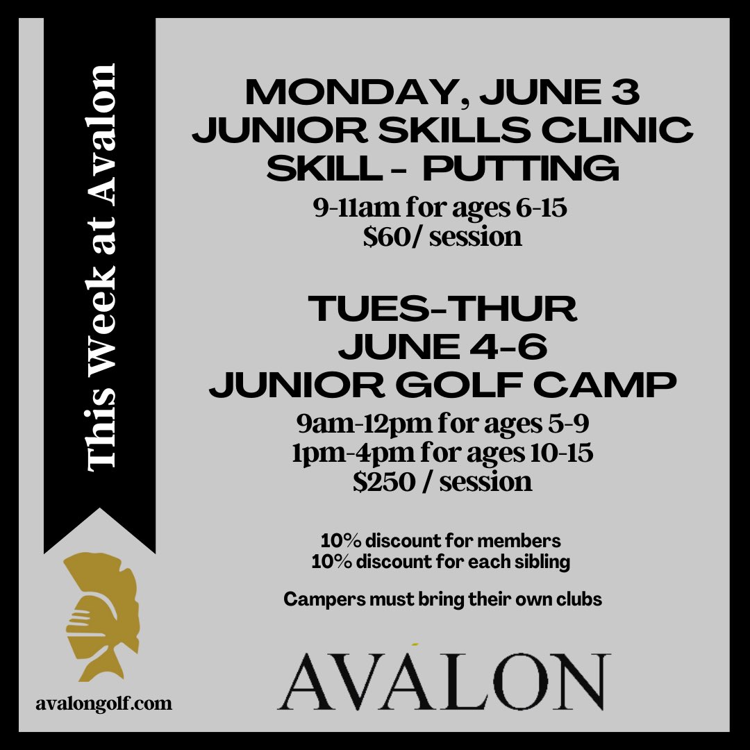 Jr Golf Skills
&amp; Camps start up
next week. Let’s
Go! 🏌🏼‍♂️ avalongolf.com/jr-golf
<a href="/h3sportsusa/">H3 Sports</a>