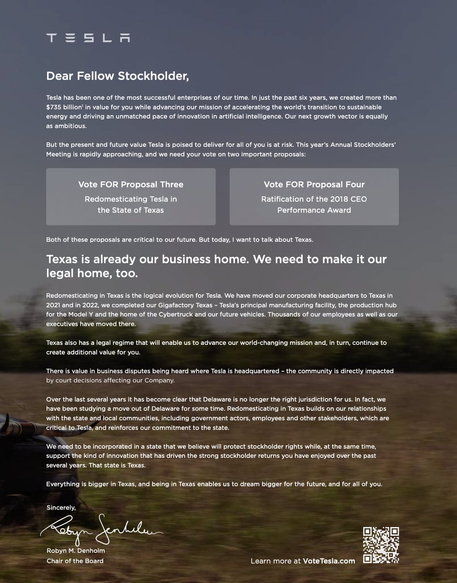 NEWS: Tesla has just released a new letter to shareholders titled 'Texas is already our business home. We need to make it our legal home, too.' Here's what the letter says: 'Redomesticating in Texas is the logical evolution for Tesla. We have moved our corporate headquarters to
