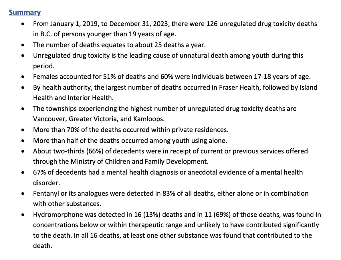 A new B.C. Coroners Service report says 126 people aged under 19 suffered toxic drug deaths  between 2019 and 2023. More than 8 out of 10 involved fentanyl. #bcpoli #cdnpoli