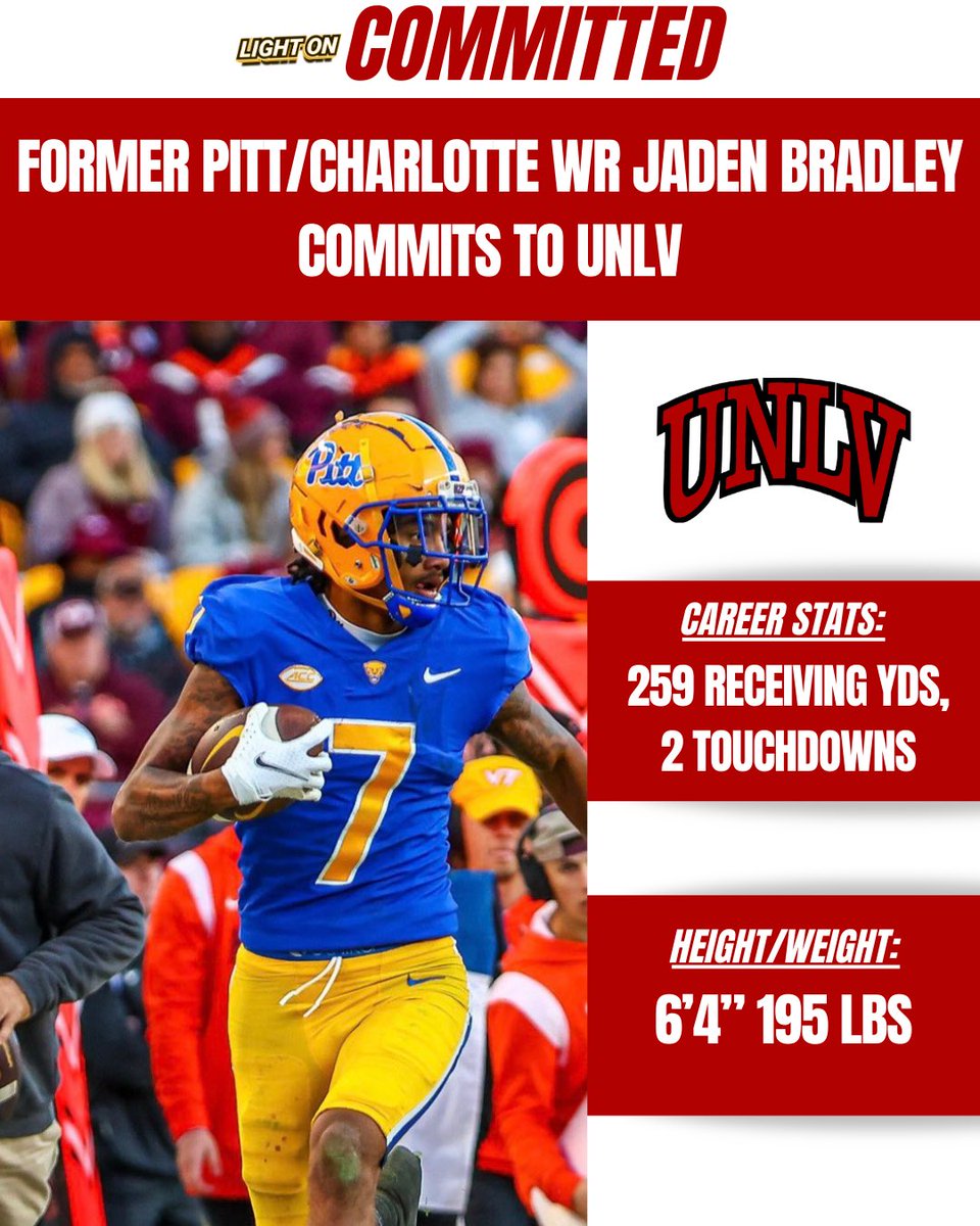 Former Pitt/Charlotte WR Jaden Bradley has committed to UNLV, per @mzenitz. 🎰🔥 The 6’4” 195 pound wideout totaled 259 receiving yards and 2 touchdowns during his time at Pitt. @JadenBradleyyy