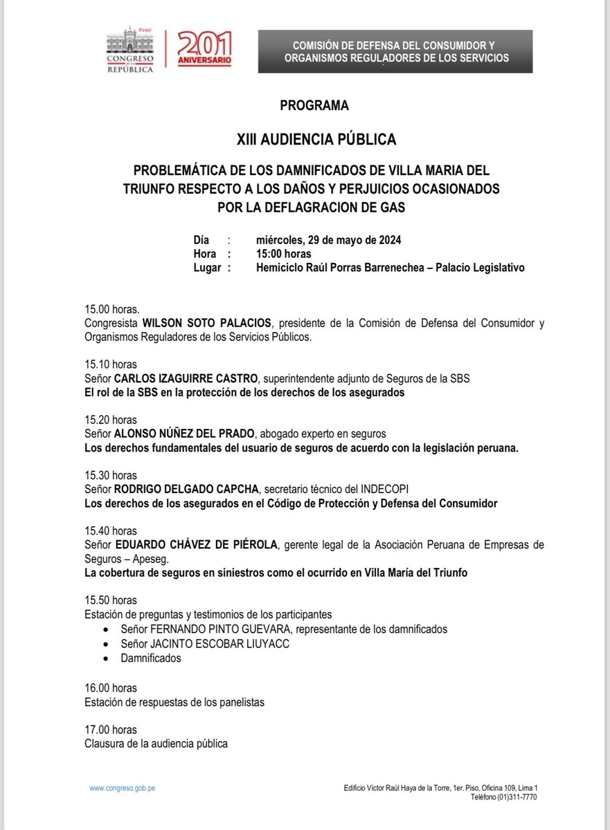 Mañana llevaremos a cabo una audiencia pública sobre la problemática de los damnificados de Villa Maria del Triunfo respecto a los daños y perjuicios ocasionados por la deflagración del gas.