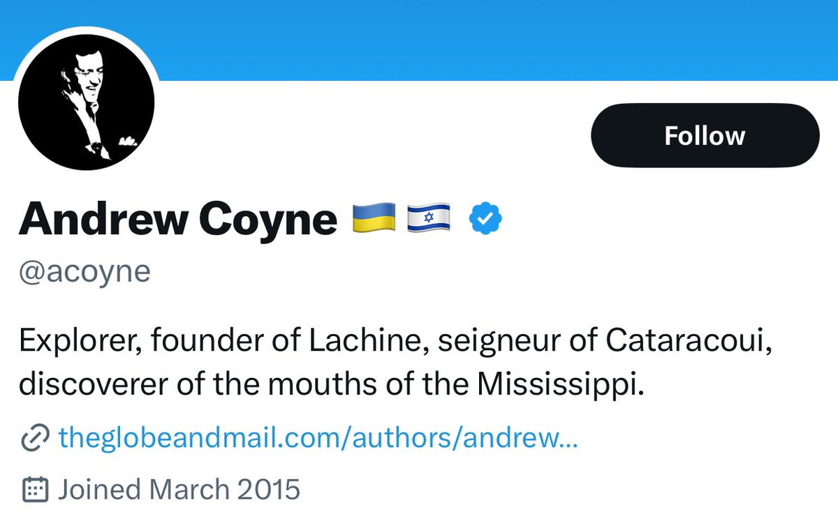 Here’s a good place to start: let’s identify all Canadian ‘journalists’ who proudly display the flag of Israel’s genocidal regime in their social media profiles. For example, @acoyne: