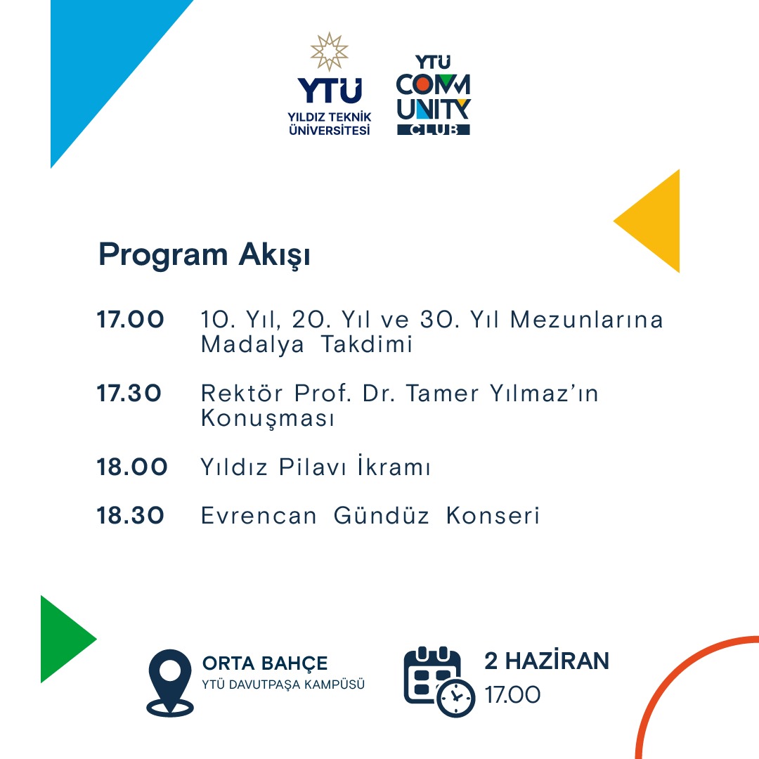 Sevgili Mezunlarımız
 
113. yılımızda, mezunlarımızla Davutpaşa Kampüsünde, Orta Bahçe'nin muhteşem atmosferinde buluşuyoruz. 

10., 20. ve 30. Yıl mezunlarımıza madalya takdimi yapılacaktır. 

<a href="/evrencangunduz/">Evrencan Gündüz</a> 'ün müziğiyle renk katacağı Mezunlar Günü için geri sayım başladı.