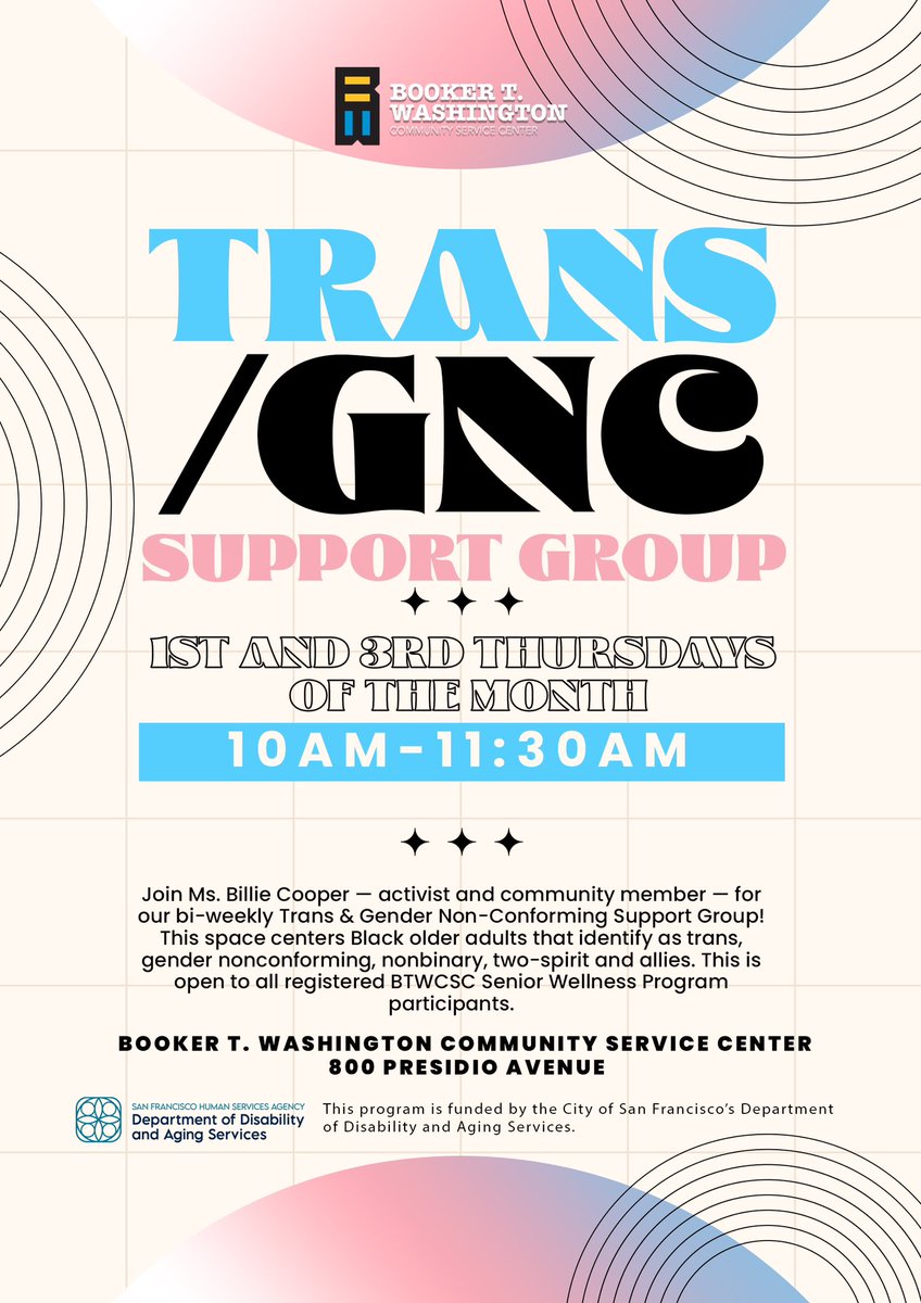 megablacksf (@megablacksf) on Twitter photo This space centers Black older adults that identify as Trans & Gender Non-conforming.
Join the next event at <a href="/btwcsc/">Booker T. Washington</a> This space centers Black older adults that identify as Trans & Gender Non-conforming.
Join the next event at <a href="/btwcsc/">Booker T. Washington</a>