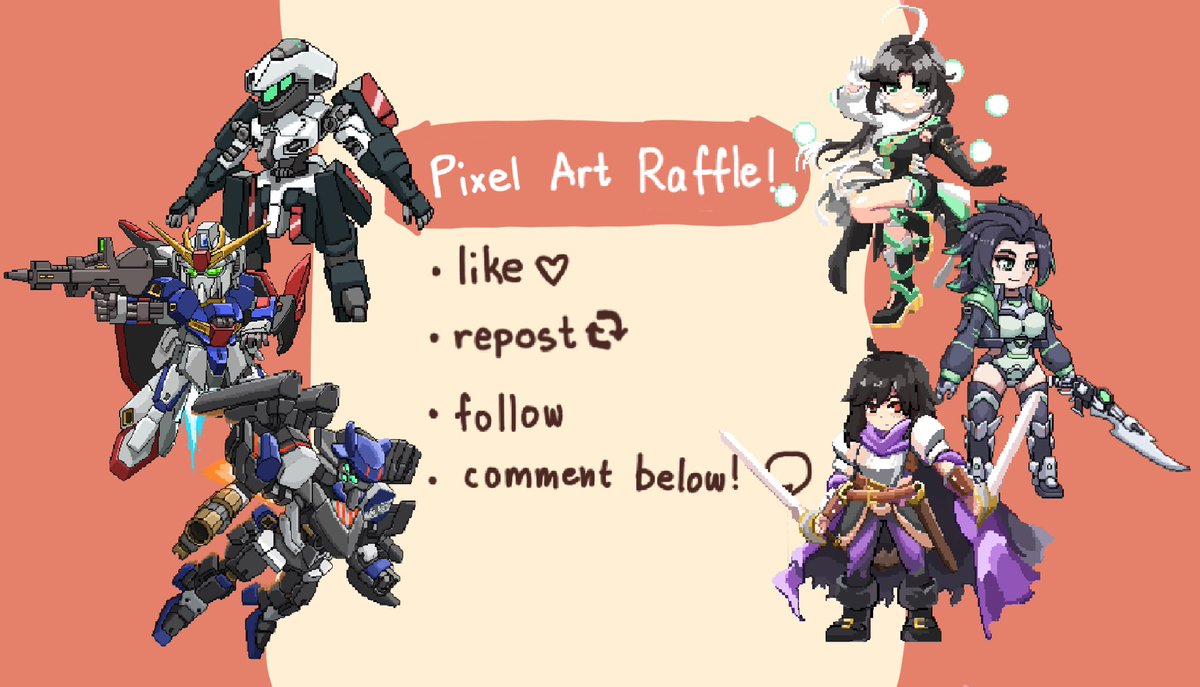 Doodlebird14's tweet image. Pushing to 3k with a pixel art raffle!

Any mecha, customs, armored core, gunpla, videogame characters, DnD characters, OCs - all welcome!