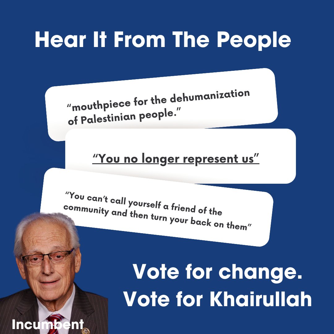 MK4Congress's tweet image. Hear it directly from the people! The incumbent no longer represents our community and it is time for a change. Vote Khairullah on Wednesday, May 29th to preserve our peace and protect our communities.

#mk4congress #NJ09 #njfirst #newjersey #khairullah4congress #palestine
