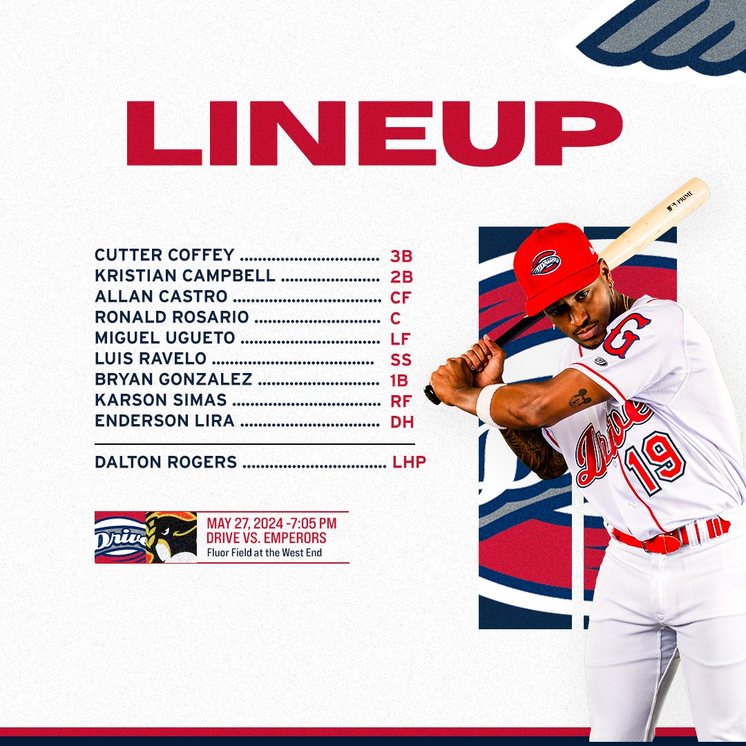 We welcome to the @GoEmperors to Fluor Field for the first time. Let's not make it a pleasant visit. 

Drive vs. Emperors
7:05 p.m. | Fluor Field 

📺📱: BallyLiveNow or MiLB.TV
📻: milb.com/greenville/fan…
🎙️: @DanScottShow and Tom Van Hoy