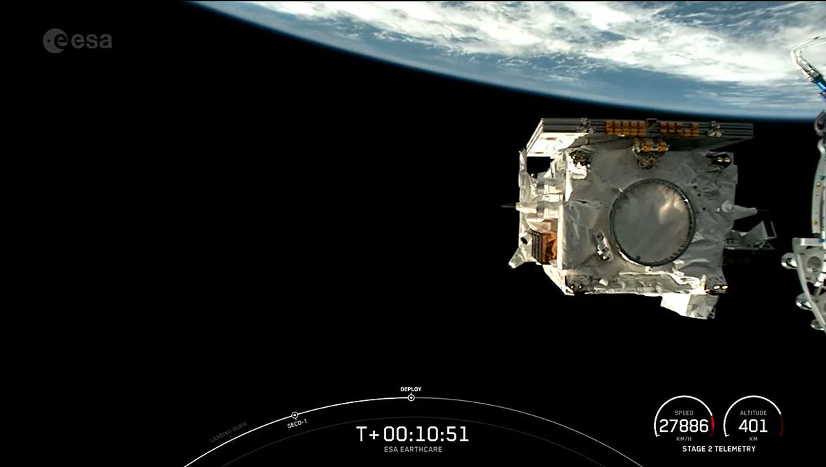 .@esa @JAXA_en #EarthCare cloud/aerosol satellite separates from @SpaceX Falcon 9 after liftoff from @SLDelta30. Waiting for signal acquisition of satellite' health in 400-km orbit.