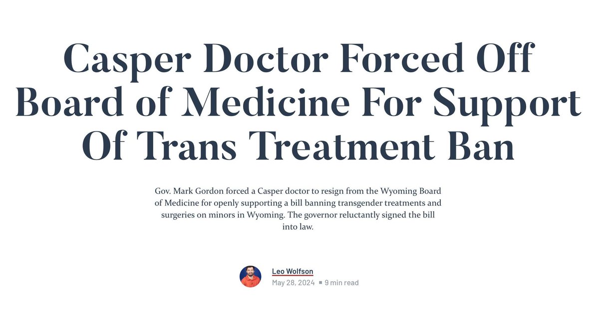 When did Wyoming become California or New York? @GovernorGordon just removed a physician from the WY Board of Medicine for standing in opposition to the mutilation of children-- in other words, for upholding the hippocratic oath. We stand with Dr. Cubin.