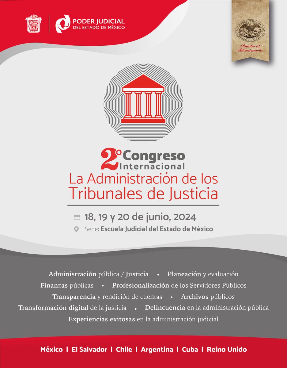 Reserva tu lugar para el 2do. Congreso Internacional “La Administración de los Tribunales de Justicia”. 🏛️ 📆 Del 18 al 20 de junio 📍 @EJudicialEdomex 👤 Modalidad Presencial 🎟 Gratuito 🌐 Regístrate ahora en: admontribunales.pjedomexeventos.com