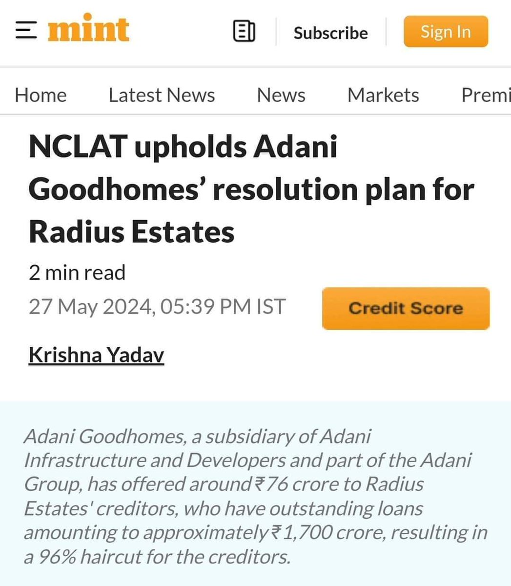 ANOTHER EXAMPLE OF CRONY LOOT

Adani Goodhomes is buying real estate company Radius Estates for ₹76 crores. Company has outstanding loans of approximately ₹1,700 crore. A 96% loan write-off has been approved overruling banks' objection.

Modani Ease Of Doing Business!