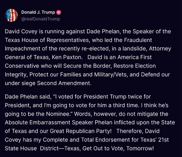 RpsAgainstTrump's tweet photo. Dade Phelan just defeated Trump-endorsed David Covey in the Texas House District 21 runoff election. #ETTD https://t.co/our9SfgUCM