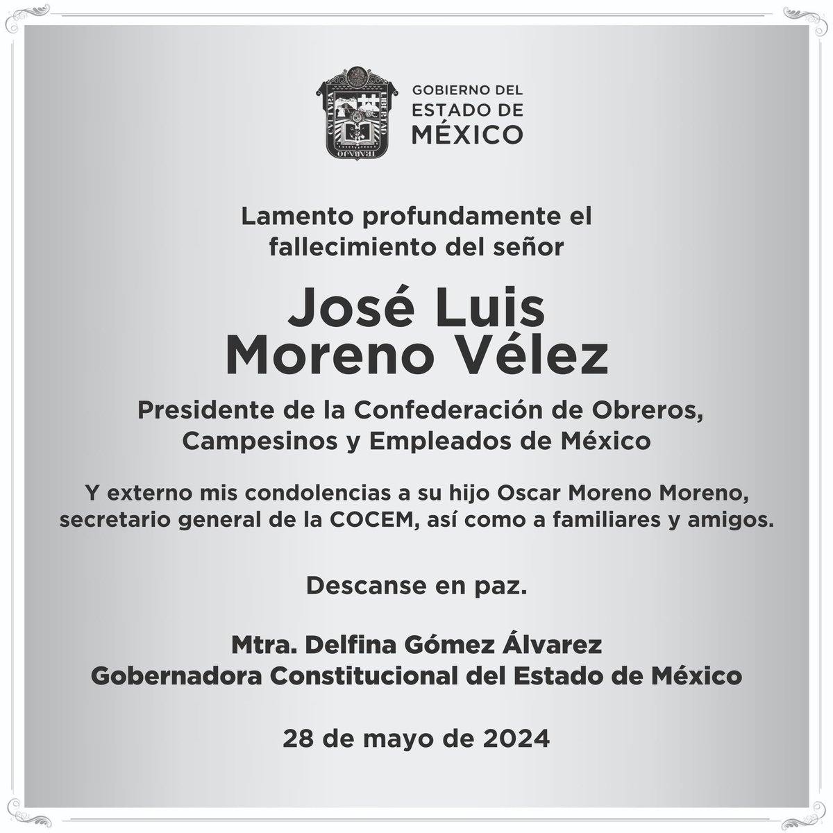 Lamento el fallecimiento del Sr. José Luis Moreno Vélez, Presidente de la Confederación de Obreros, Campesinos y Empleados de México, quien deja un legado imborrable en la historia sindical de nuestro país.